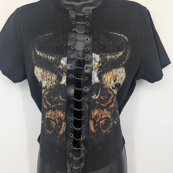 Cosmic Aura Crop Top Size M Skull Rose Chains Distressed Whimsigoth Festival Y2K - Picture 3 of 8